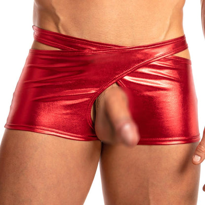 Someone is wearing Miami Jock Foil Chaps from Miami Jock, featuring a shiny red design with crisscross detailing on the waistband and a front opening, reminiscent of vibrant Miami colors.