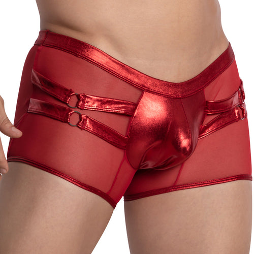 A person in red metallic and mesh underwear with side buckles sports a snug boxer fit, featuring shiny fabric and sheer panels similar to the Miami Jock Boxer Shiny Leather Pouch by Miami Jock.