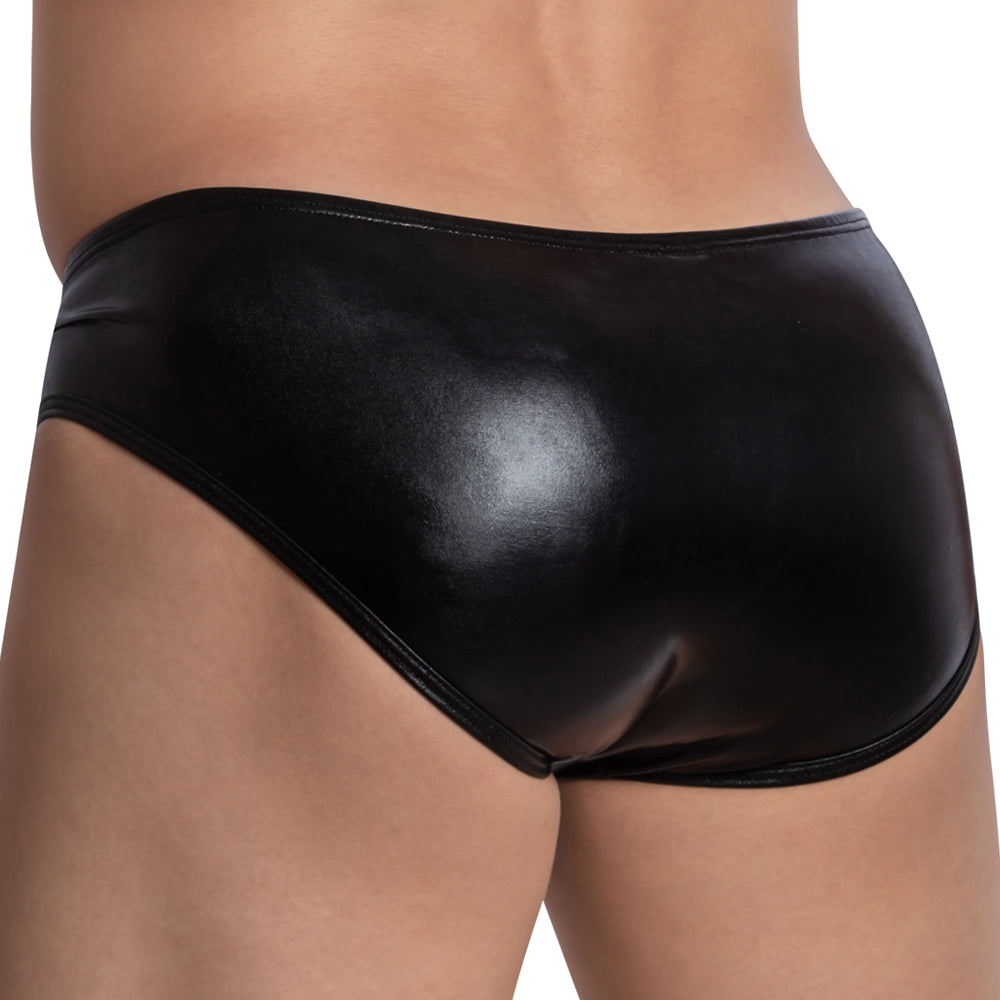 A person wearing Miami Jocks Bikinis Buttons Support in glossy black latex exudes style with bold button accents. The snug waistband enhances the shiny material’s texture, while a plain white background highlights the superior support and design from Miami Jock.
