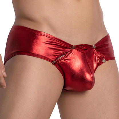 A person wearing Miami Jocks shiny red metallic Bikinis Buttons Support, featuring bold button accents, side rings, and a supportive pouch. The glossy finish highlights the vibrant color, enhancing the unique design.
