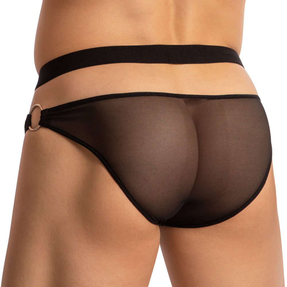A person models the Miami Jock Cross Strapped Sheer Brief from the back, showcasing its sheer, fitted fabric with a waistband and metal ring accents on the sides.