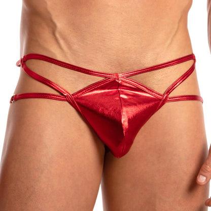 Someone is wearing a Miami Jock Double Strap G-String, featuring a shiny red triangular front design. The smooth, glossy fabric, along with the brands signature double straps, elegantly wraps around the waist against a plain white background.