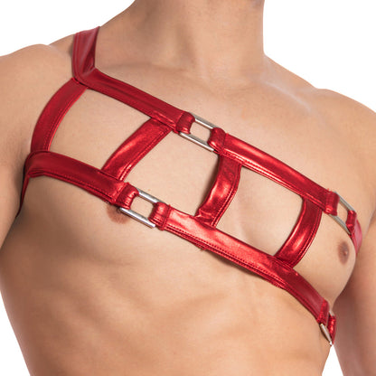 Wearing a Miami Jock Accessory Harness, featuring an edgy red strap design with shiny material and metallic rings, captures the alluring aesthetic of Miami Jock.
