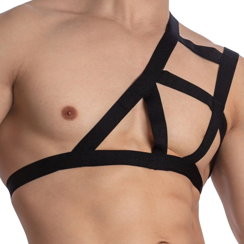 A person wearing the Miami Jock Accessories Multi Straps in black geometric design diagonally across their torso. The close-up against a plain background highlights the premium fabric and craftsmanship of this Miami Jock product.