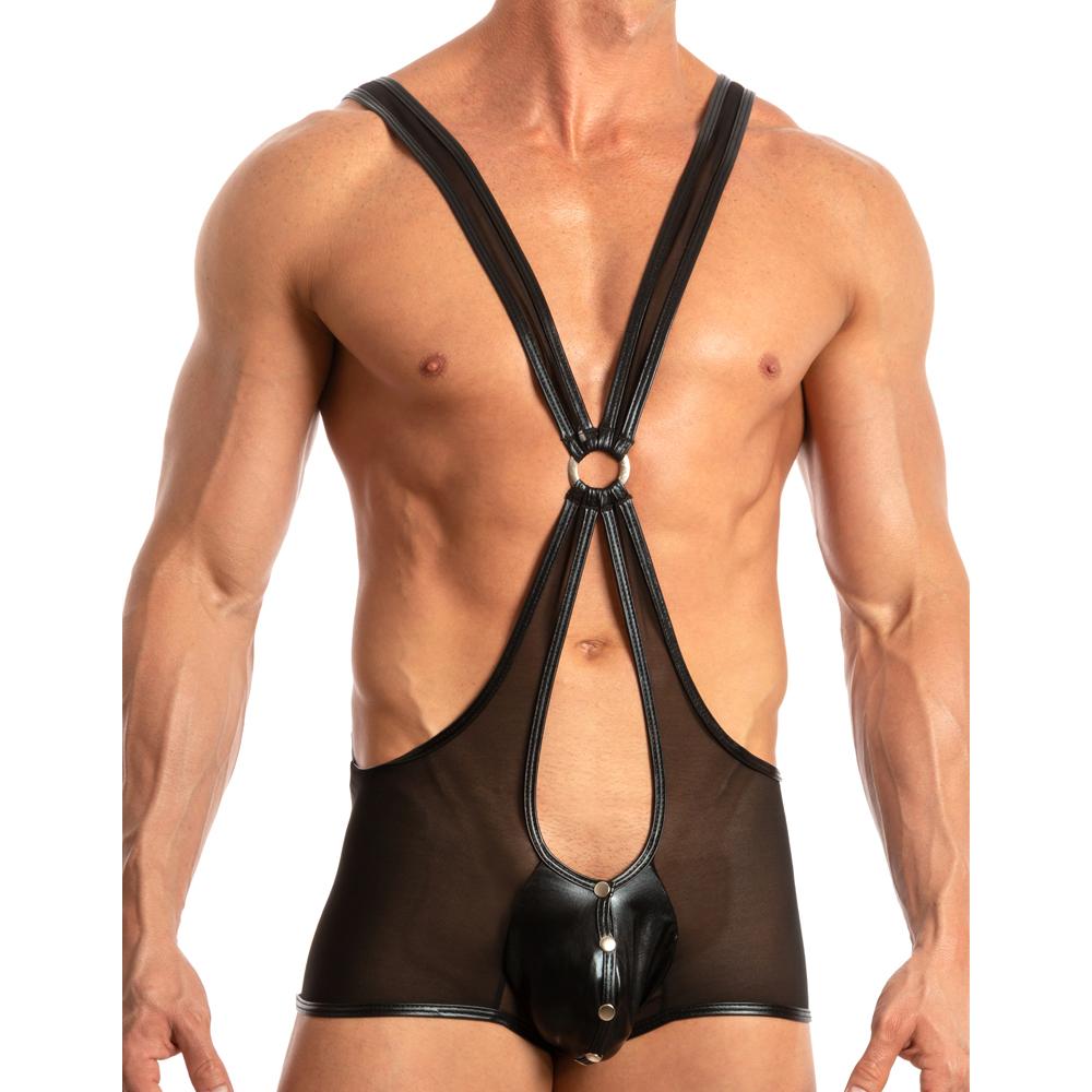 A person shows off a Miami Jock Hot Ass Singlet in black sheer and leather, featuring stretchy fabric and an open front design.
