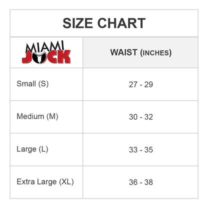 Explore the Miami Jock Double Strap G-String size chart: Small (27-29), Medium (30-32), Large (33-35), XL (36-38).