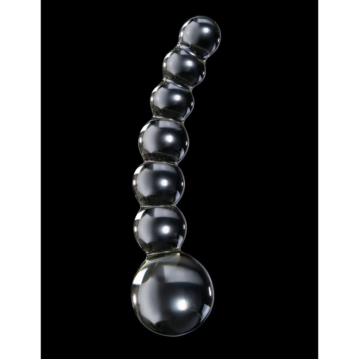 A lustrous, metallic item resembling Jewels Kings regalia features seven ascending spheres for P-Spot stimulation, arranged in a curve on a black backdrop. This is the Icicles No. 66 Hand Blown Glass Dong by Pipedream.