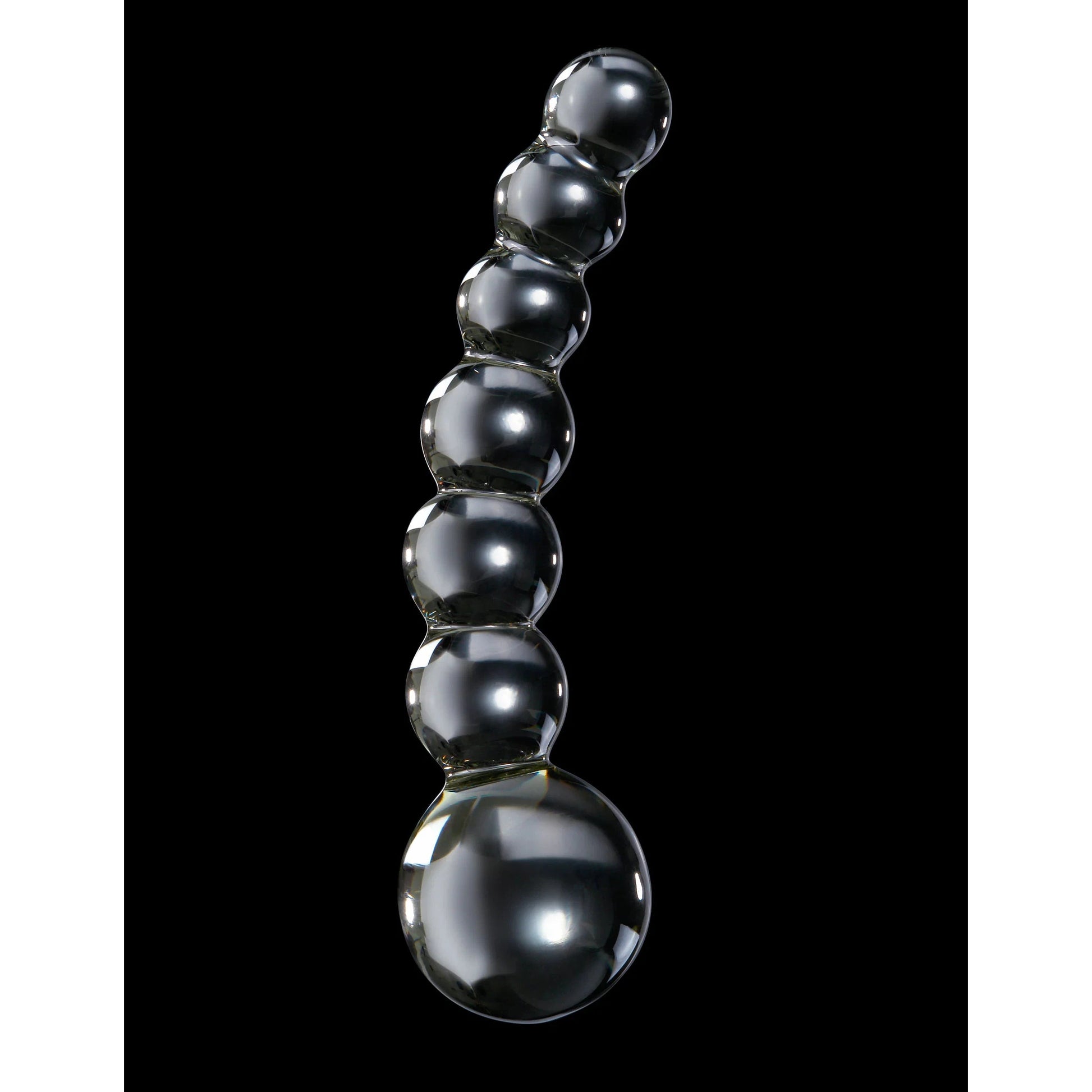 A lustrous, metallic item resembling Jewels Kings regalia features seven ascending spheres for P-Spot stimulation, arranged in a curve on a black backdrop. This is the Icicles No. 66 Hand Blown Glass Dong by Pipedream.