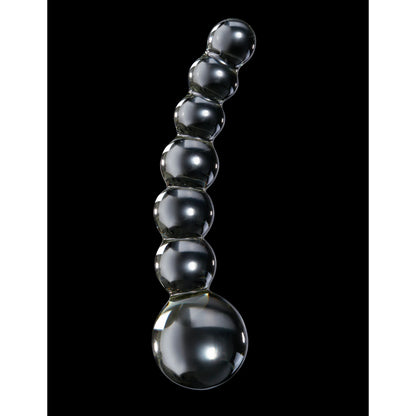 A lustrous, metallic item resembling Jewels Kings regalia features seven ascending spheres for P-Spot stimulation, arranged in a curve on a black backdrop. This is the Icicles No. 66 Hand Blown Glass Dong by Pipedream.