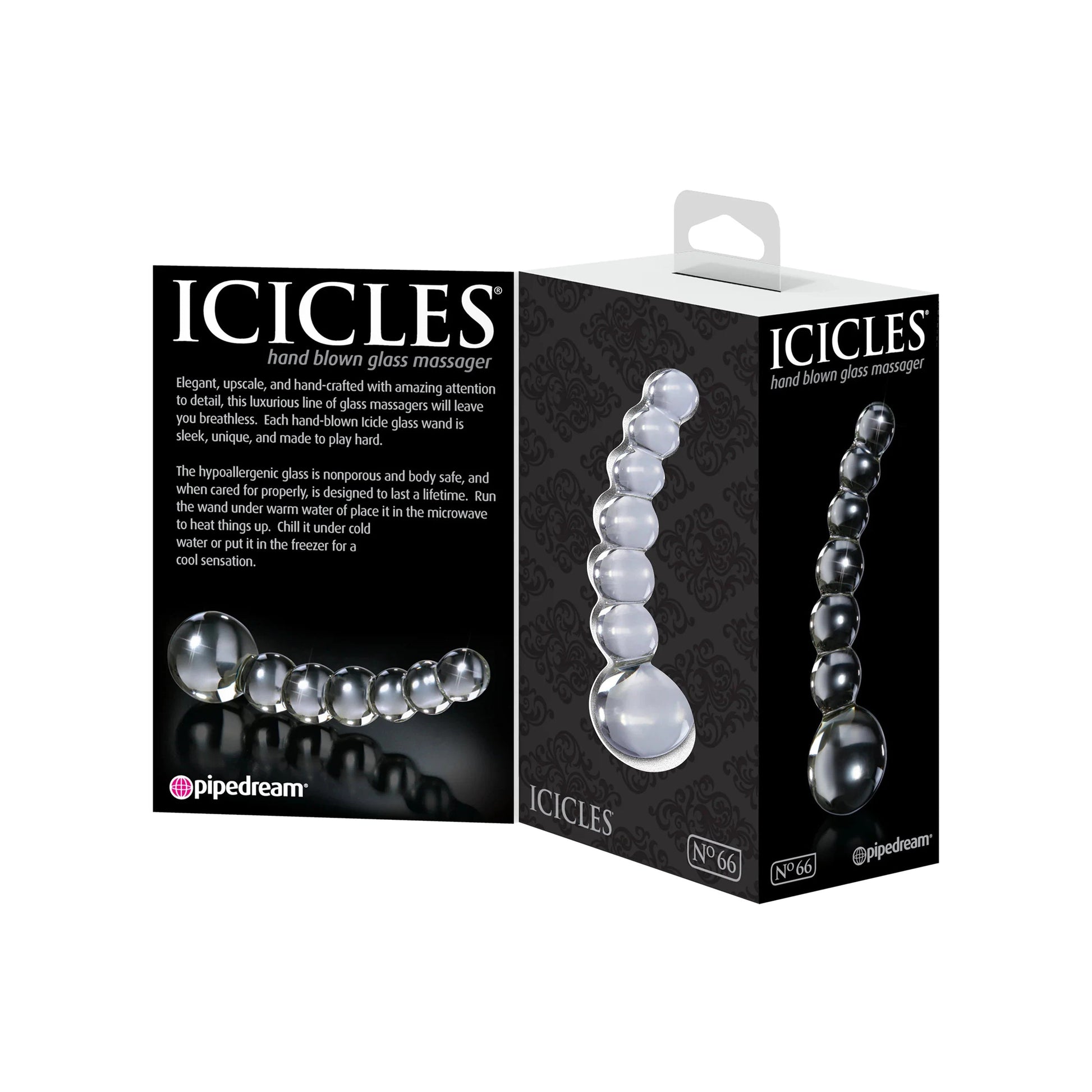 The Icicles No. 66 Hand Blown Glass Dong by Pipedream features elegant packaging with images, describing it as a sleek, hypoallergenic sex toy. Its smooth curves make it ideal for P-Spot stimulation.