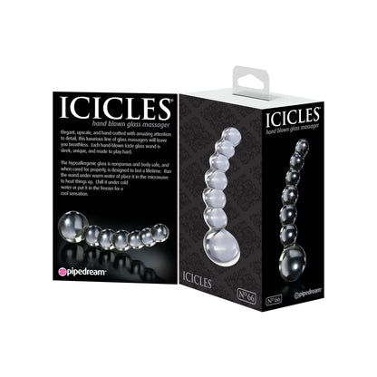 The Icicles No. 66 Hand Blown Glass Dong by Pipedream features elegant packaging with images, describing it as a sleek, hypoallergenic sex toy. Its smooth curves make it ideal for P-Spot stimulation.