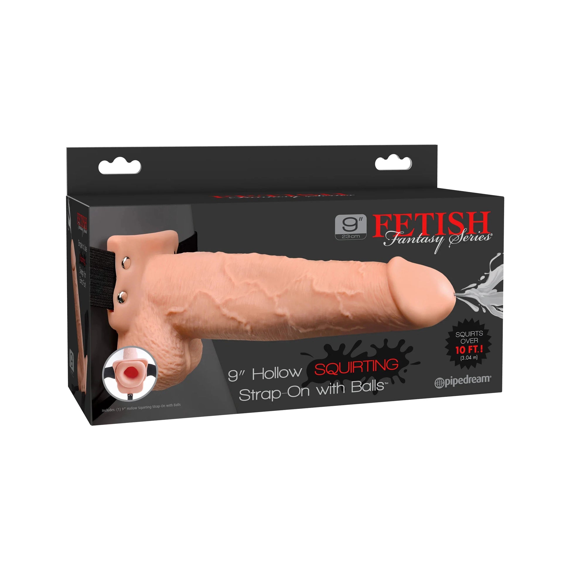 The packaging for Fetish Fantasy Series 9 Hollow Squirting Strap On by Fetish Fantasy showcases its lifelike design, realistic squirting action, and features adjustable straps that fit waists up to 48 inches.