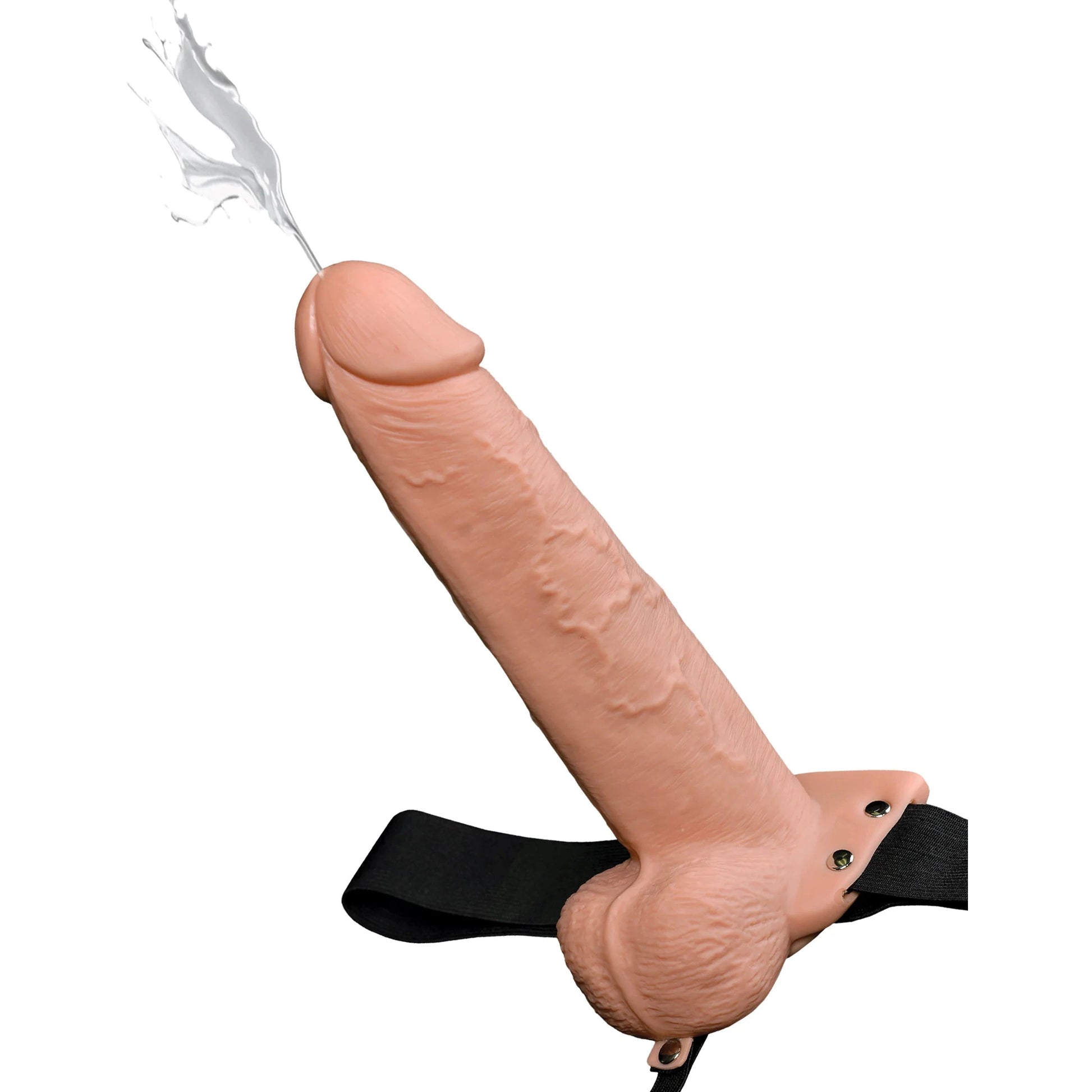 The Fetish Fantasy Series 9 Hollow Squirting Strap On features a realistic design with lifelike squirting action, a light skin tone, and a sleek black strap, offering an enhanced intimate experience, elegantly showcased against a plain white background.