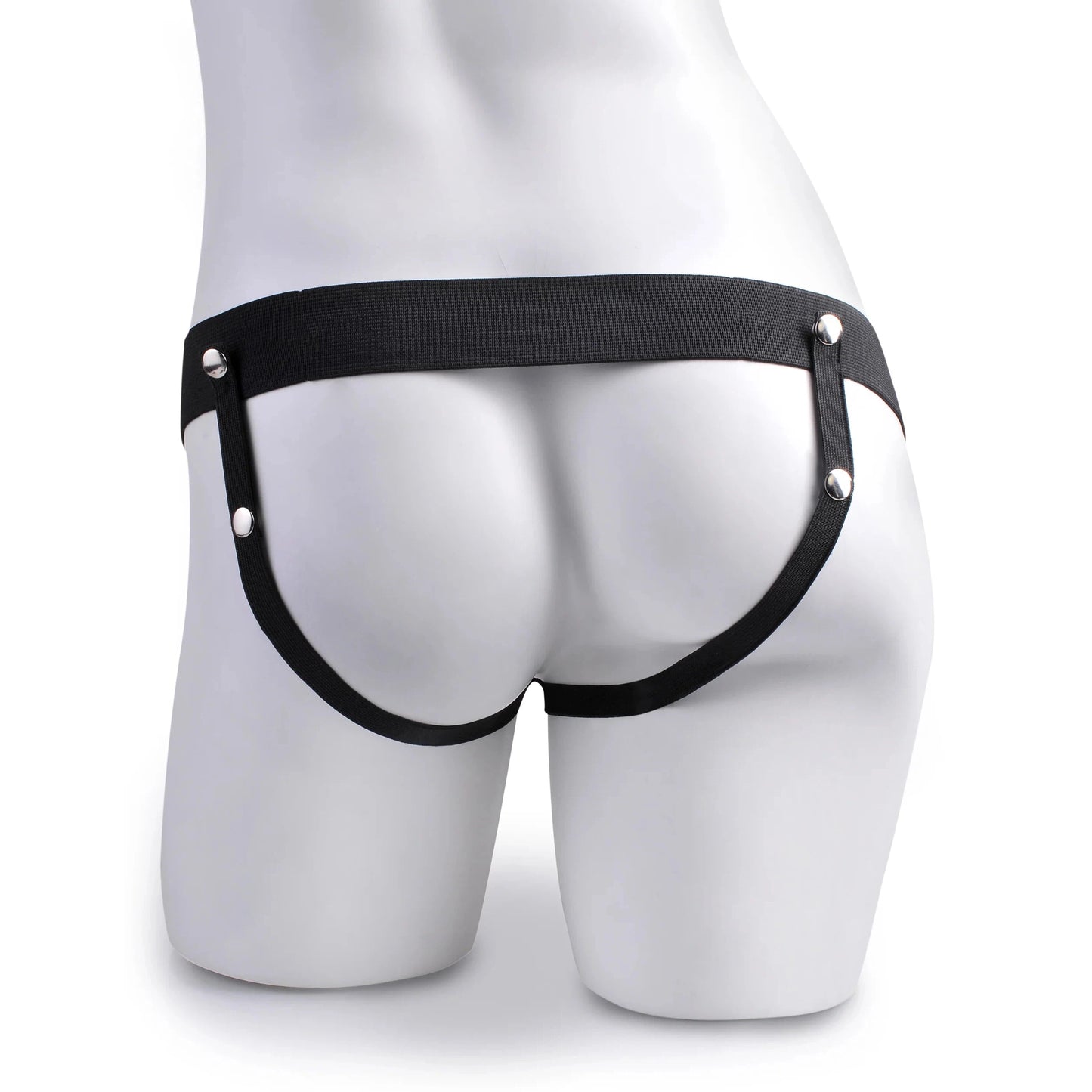 A mannequin displays the Fetish Fantasy Series 9 Hollow Squirting Strap On, a minimalist black harness with silver studs accentuating curves. The lifelike design is emphasized by a white background, highlighting this striking piece from Fetish Fantasy.