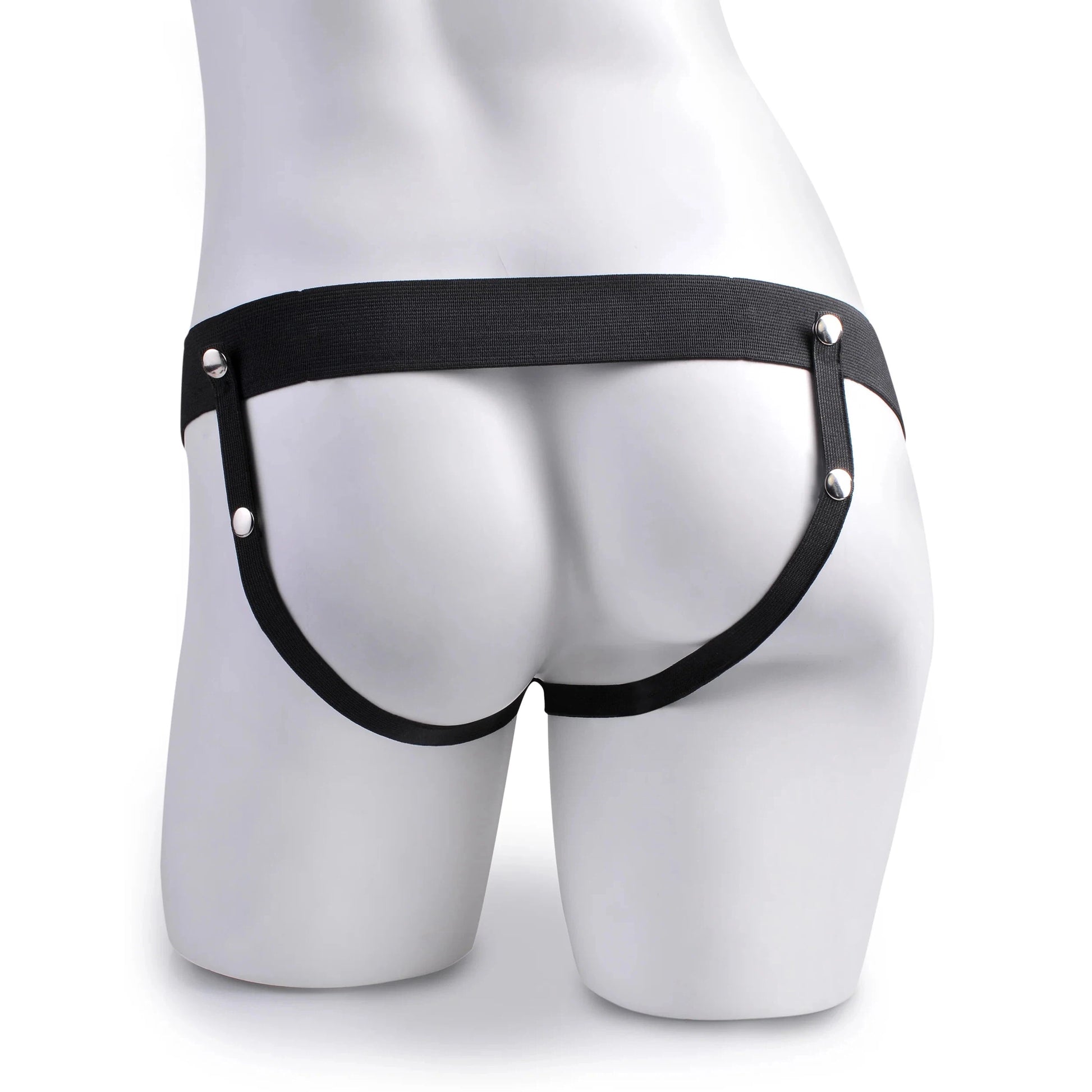 A mannequin displays the Fetish Fantasy Series 9 Hollow Squirting Strap On, a minimalist black harness with silver studs accentuating curves. The lifelike design is emphasized by a white background, highlighting this striking piece from Fetish Fantasy.