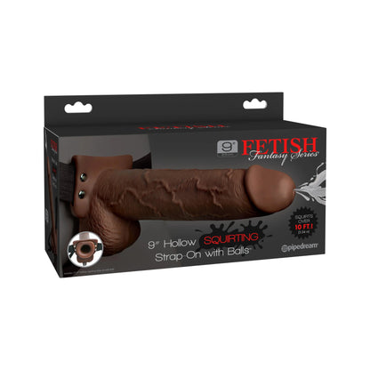 The Fetish Fantasy Series 9 Hollow Squirting Strap-On packaging emphasizes its lifelike design, adjustable fit, and realistic squirting action, featuring a product image for an immersive experience.