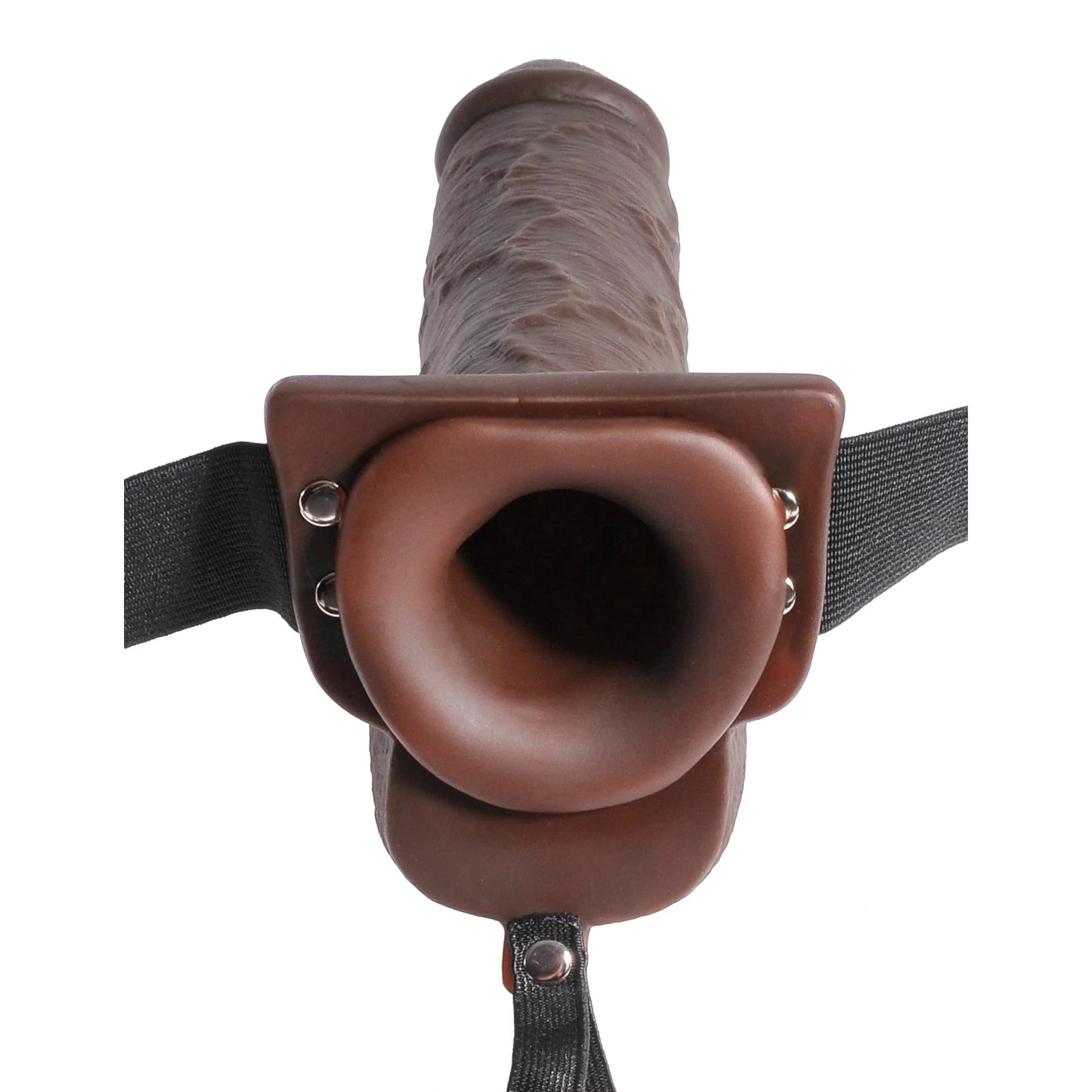 Experience realistic squirting with the Fetish Fantasy Series 9 Hollow Squirting Strap-On. This lifelike accessory features adjustable black straps, a textured front design, and an open ring at the back for fastening. Crafted meticulously for your pleasure.