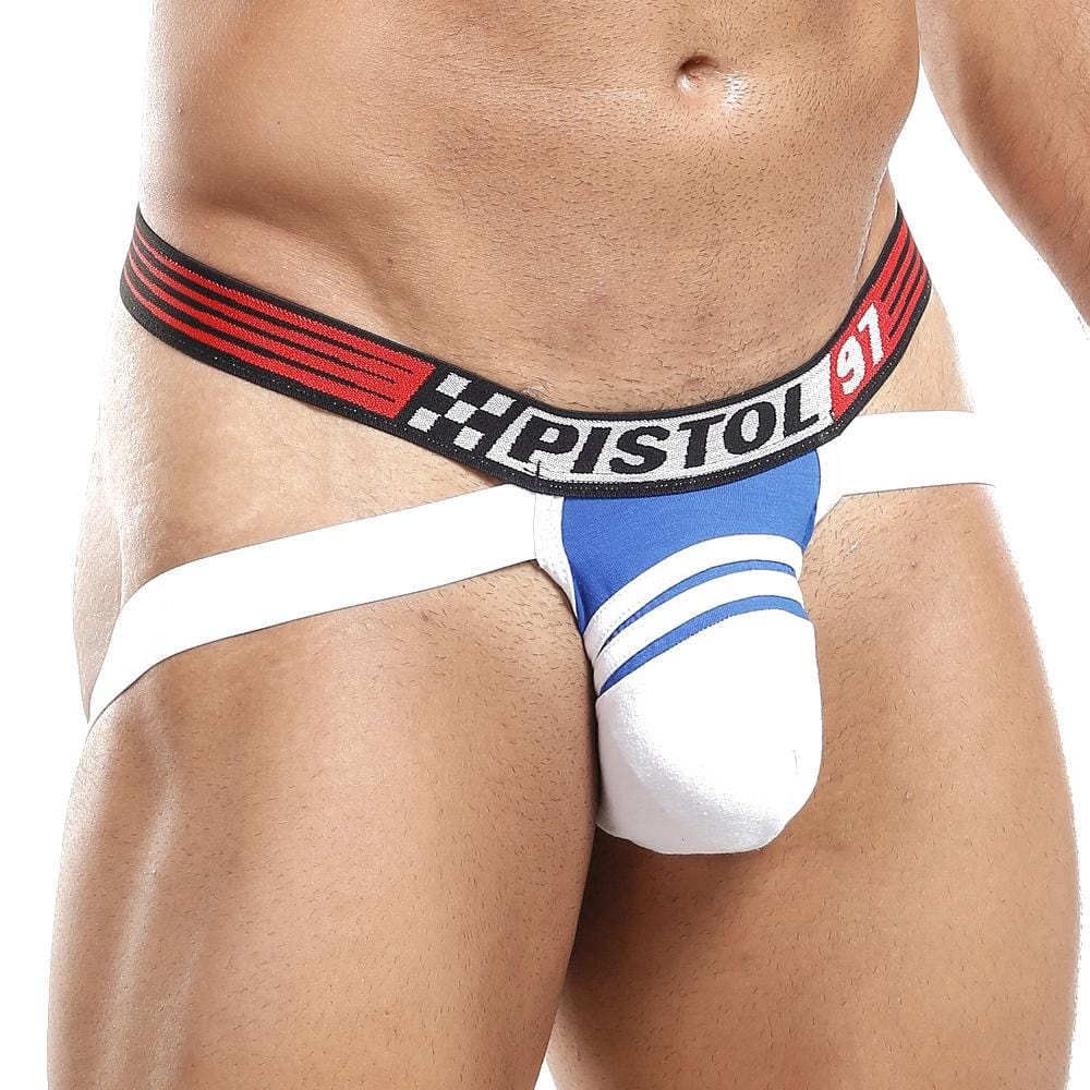 A person wears the Pistol Pete Jockstrap, featuring a blue and white design with a PISTOL 97 branded waistband. The premium waistband includes red and black stripes, checkered patterns, and a plain white background.