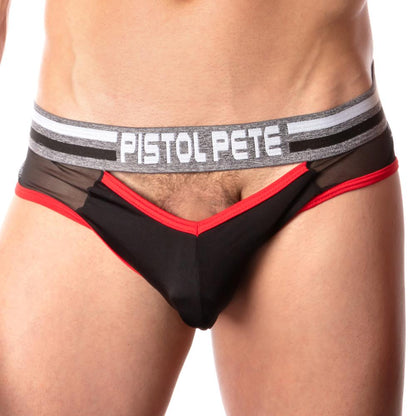 The image showcases a persons lower half in a black and red mesh Pistol Pete Dinger Jockstrap with the brand displayed on the silver waistband, highlighting stylish mesh sections on the hips.