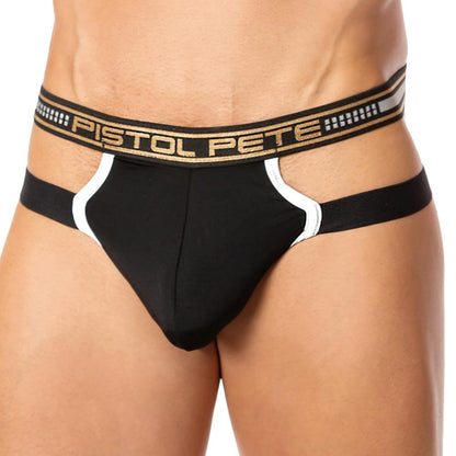 Wearing a Pistol Pete Backstop Jockstrap in premium fabric highlights a black design with white trim, featuring a black waistband embossed with Pistol Pete in gold. It provides extra support through elastic side straps and a supportive front pouch.