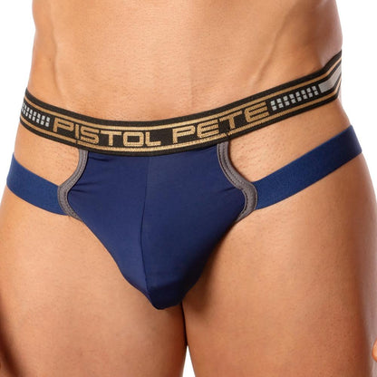 Someone is wearing a navy blue and gray Pistol Pete Backstop Jockstrap with a waistband featuring Pistol Pete. It includes side straps for extra support, displaying premium fabric against a plain white backdrop.