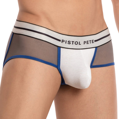 A close-up shows a person wearing Pistol Pete PPE031 Racer Jock underwear with a white front panel, black mesh sides, blue trim, and a white waistband featuring stylish black horizontal stripes and the iconic brand name.