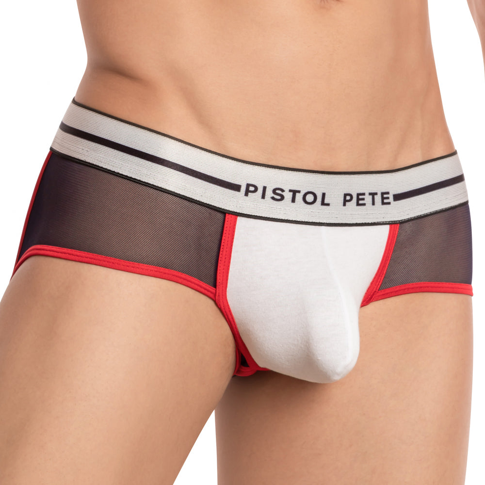A person is sporting the stylish Pistol Pete PPE031 Racer Jock, featuring mens briefs with a red waistband and colored accents, proudly displaying the brand name Pistol Pete.