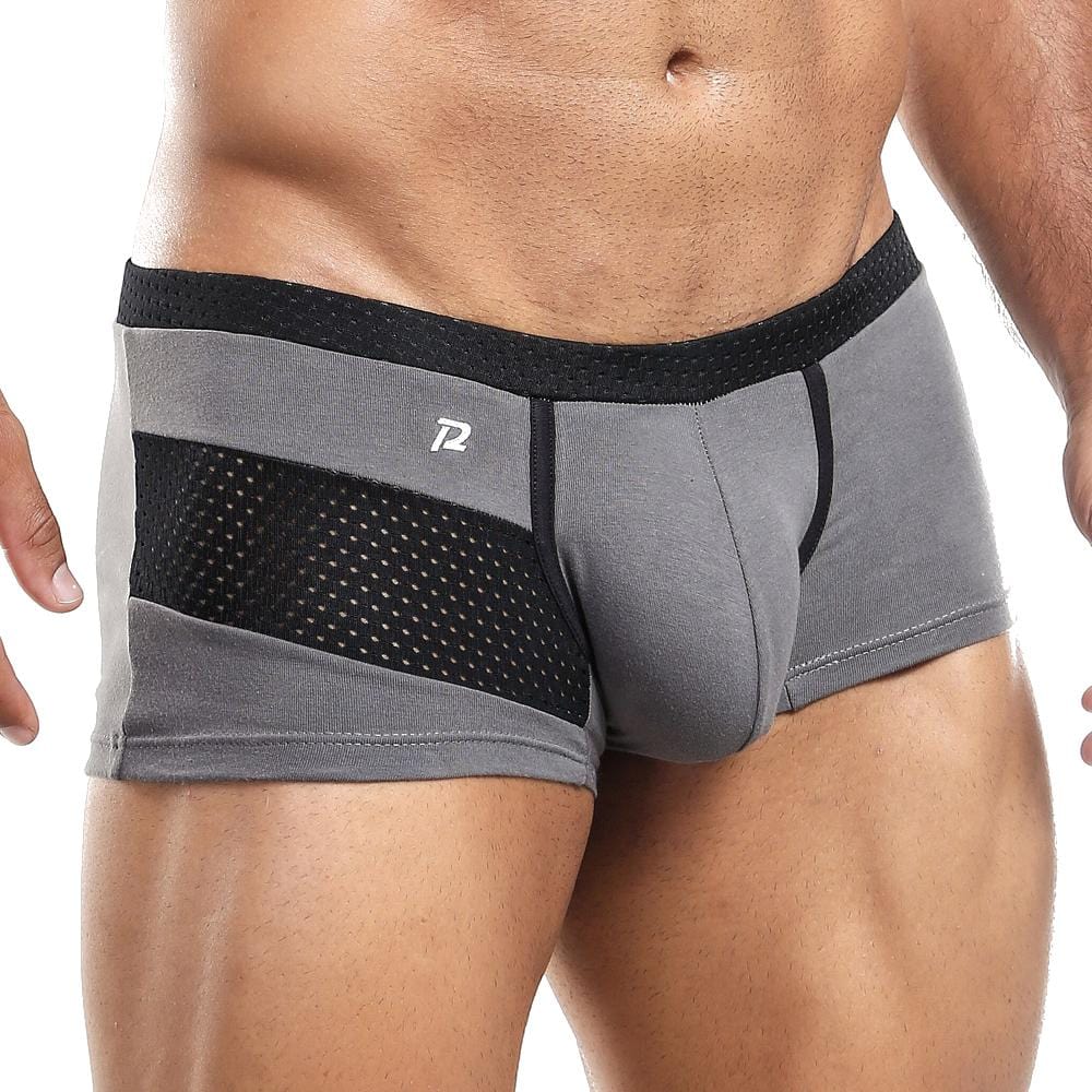 The model showcases Pistol Pete Boxer Trunk in gray and black with mesh panels, featuring a unique black waistband. Ideal for athletic wear, the supportive pouch ensures comfort and fit, highlighting the style when worn by revealing torso and legs.