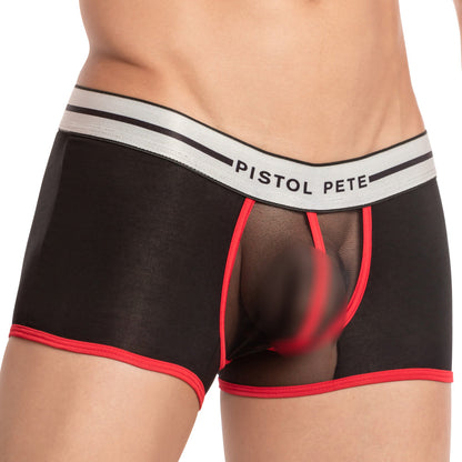 A model showcases Pistol Pete Shower Trunk boxer briefs, displaying a sleek black and red design with semi-transparent sheer fabric at the front that elegantly highlights the waist and upper thighs.