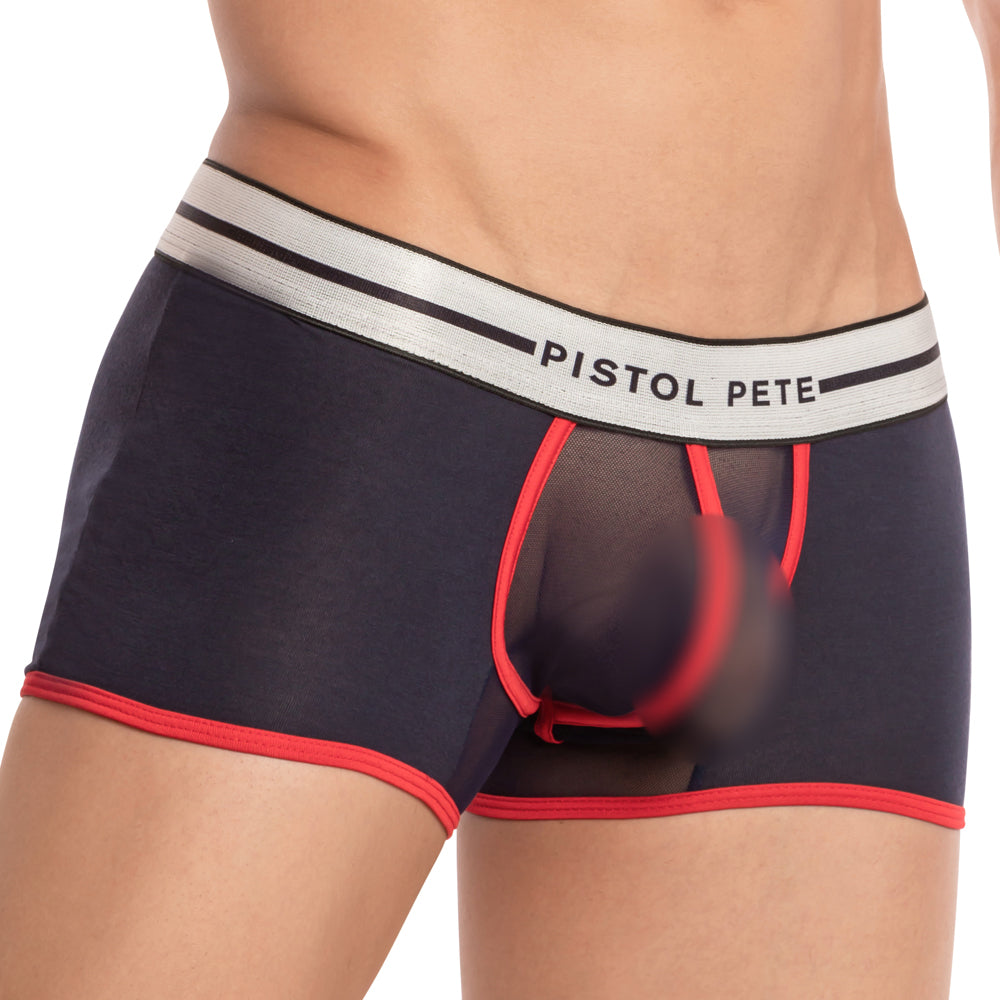 A close-up showcases the Pistol Pete Shower Trunk, featuring premium blend black mesh boxer briefs with a red trim and a silver waistband displaying Pistol Pete.