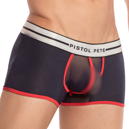 A close-up showcases the Pistol Pete Shower Trunk, featuring premium blend black mesh boxer briefs with a red trim and a silver waistband displaying Pistol Pete.