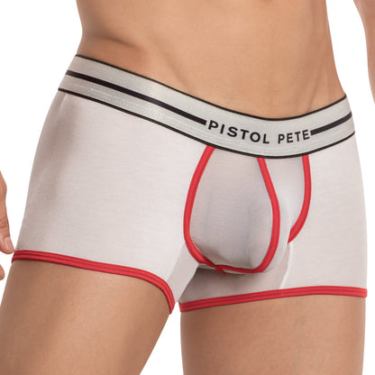 Someone is sporting the Pistol Pete Shower Trunk, characterized by white boxer briefs with a red trim and a black striped waistband emblazoned with Pistol Pete. Its premium fabric blend elevates the design, ensuring both style and comfort.