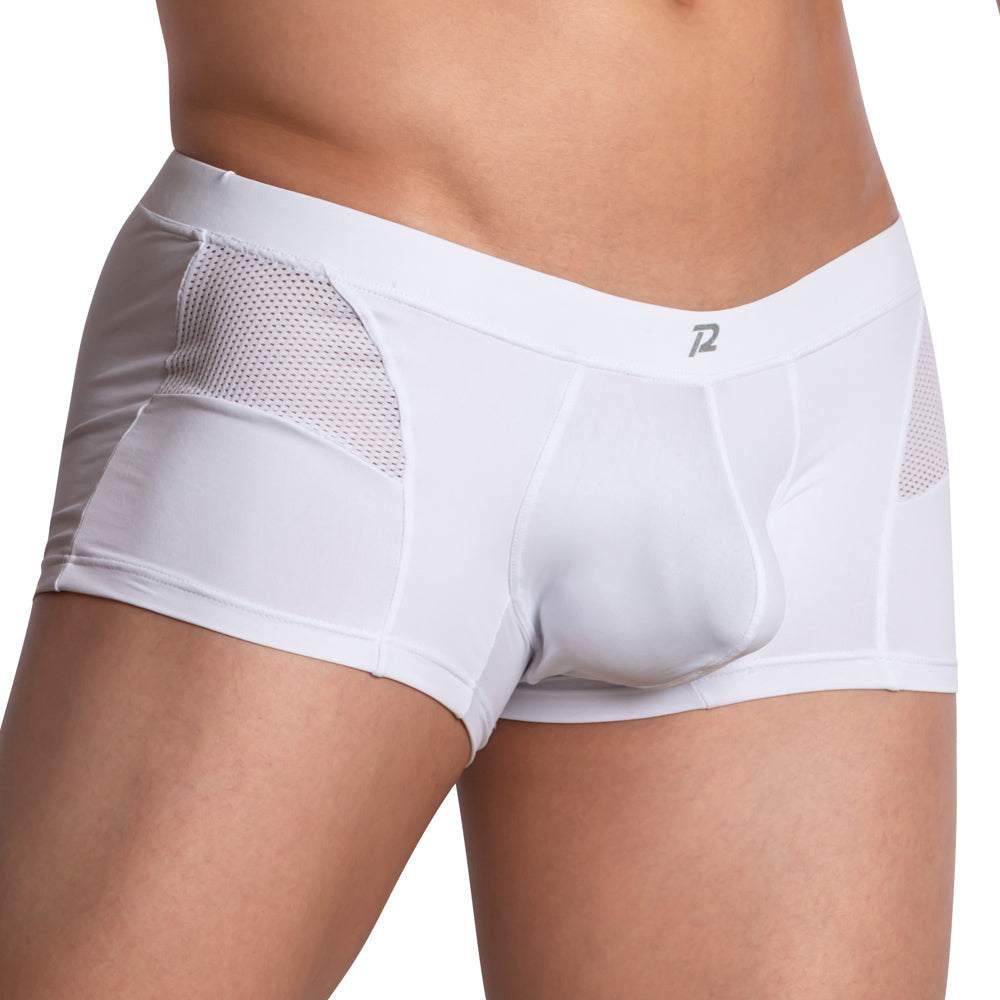 Sporting the Pistol Pete Side Mesh Boxer, one dons white fitted boxer briefs with mesh sides and a contour-enhancing pouch, complete with a simple logo waistband.