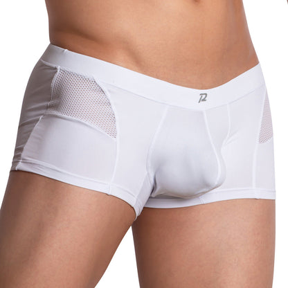 Sporting the Pistol Pete Side Mesh Boxer, one dons white fitted boxer briefs with mesh sides and a contour-enhancing pouch, complete with a simple logo waistband.