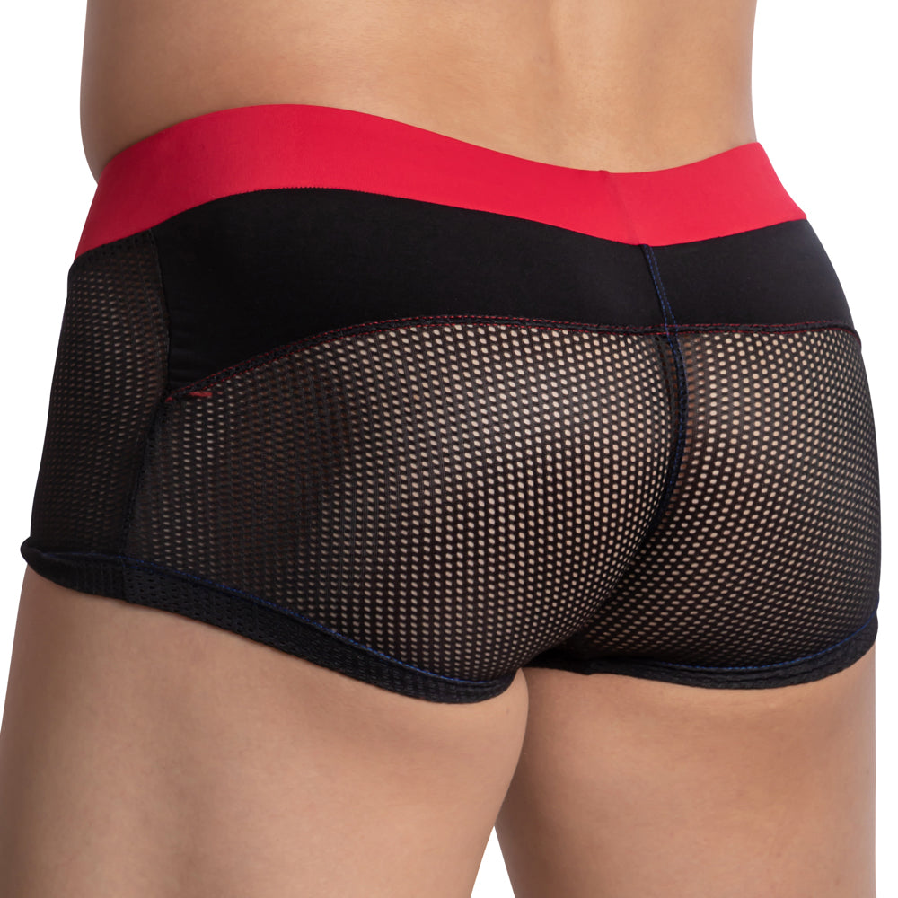 Wearing Pistol Pete Fishnet See Through Boxer shorts with a sexy see-through back panel highlights both the design and texture, resembling fishnet styles. The black mesh shorts with a red waistband exude style and confidence, perfect for bold fashion enthusiasts.