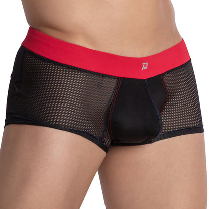 Someone in alluring mens underwear is flaunting Pistol Pete Fishnet See Through Boxers, featuring a bold red waistband and fitted design.