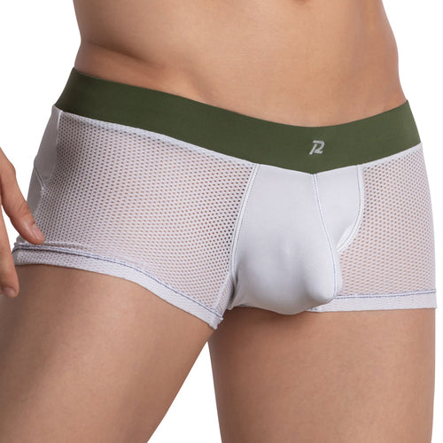 The individual is shown wearing Pistol Pete Fishnet See Through Boxer briefs, featuring a white mesh design and a green waistband, emphasizing the stylish fit and design of this sexy mens underwear.