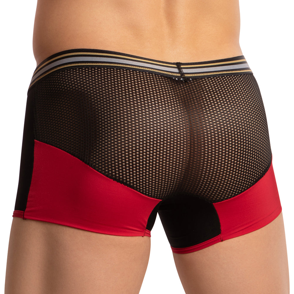 A person is seen from the back wearing Pistol Petes Athletic Wide Waistband Boxer Trunk in black and red mesh. This sporty, sensual underwear features a striped waistband and sheer fabric for a captivating visual effect.