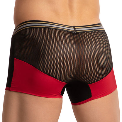 A person is seen from the back wearing Pistol Petes Athletic Wide Waistband Boxer Trunk in black and red mesh. This sporty, sensual underwear features a striped waistband and sheer fabric for a captivating visual effect.