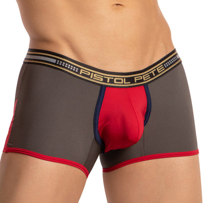 A person is wearing Pistol Petes Athletic Wide Waistband Boxer Trunk, featuring a snug fit with a sporty and sensual appeal in gray and red. The trunks have contrasting colors, stretchy cotton fabric, and a prominent pouch design.
.