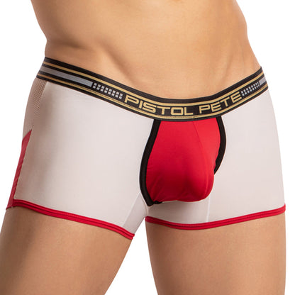 Wearing Pistol Pete Athletic Wide Waistband Boxer Trunk, a person exhibits a sporty, sensual appeal with red and white colors. The black waistband features a yellow logo, while the design includes red side and front panels in stretchy cotton fabric against a plain white background.