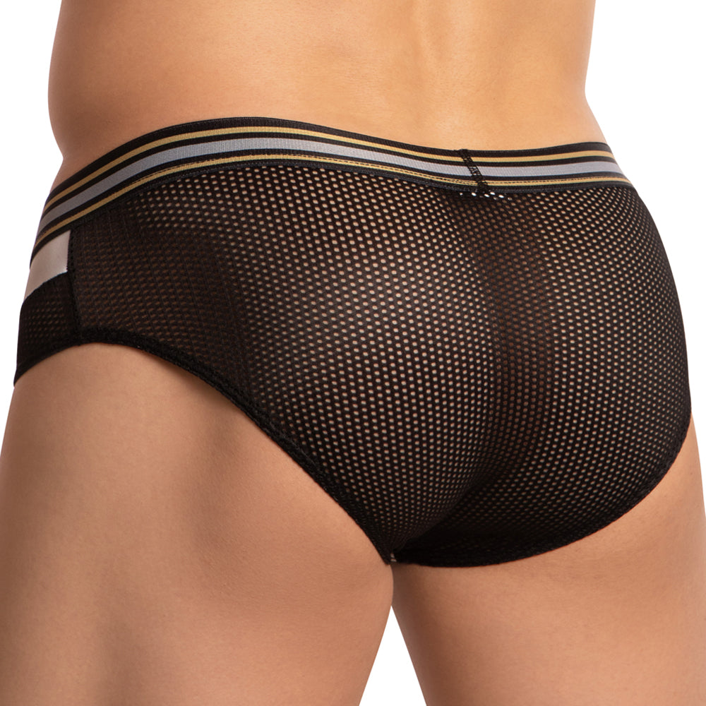 Rear view of a person wearing the Pistol Pete Breathable Sheer Pouch Brief, featuring a snug fit with black mesh and a multicolored waistband.