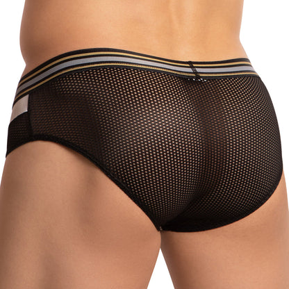 Rear view of a person wearing the Pistol Pete Breathable Sheer Pouch Brief, featuring a snug fit with black mesh and a multicolored waistband.