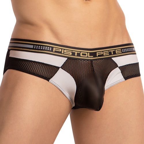 Someone wearing Pistol Pete Breathable Sheer Pouch Briefs enjoys a snug fit, with black and white mesh panels for breathability and solid sections on a gold and black waistband displaying the Pistol Pete brand name.