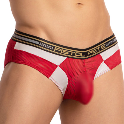 A person wearing Pistol Petes Breathable Sheer Pouch Brief in red and white mesh with a black waistband featuring Pistol Pete in gold. The image highlights its breathable fabric for a snug fit around the waist and hips, showcasing the underwears front design.