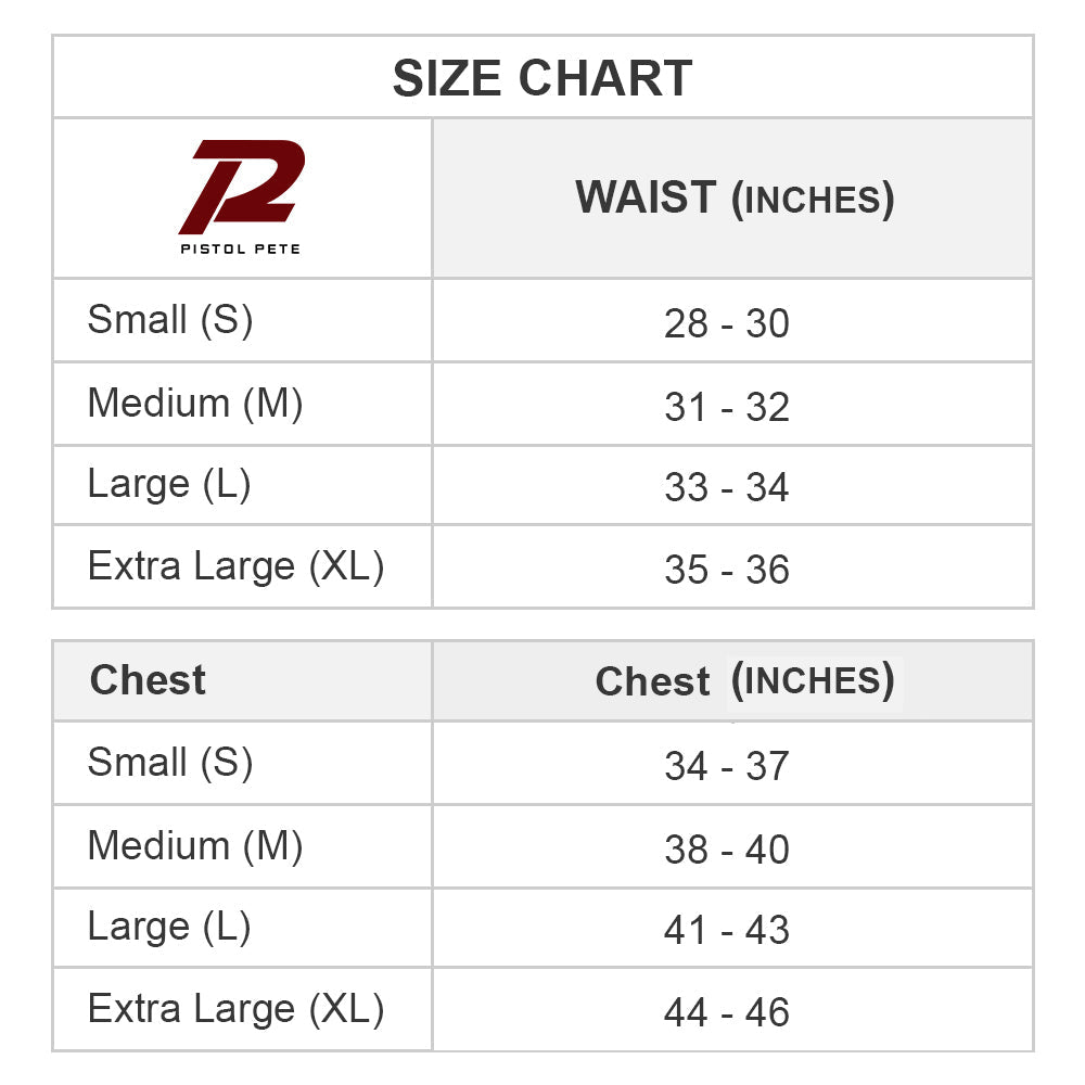 Discover the bull-inspired size chart for Pistol Pete Toro Jock. Waist: Small (28-30), Medium (31-32), Large (33-34), XL (35-36). Chest: Small (34-37), Medium (38-40), Large (41-43), XL (44-46). Elevate comfort with its supportive pouch.