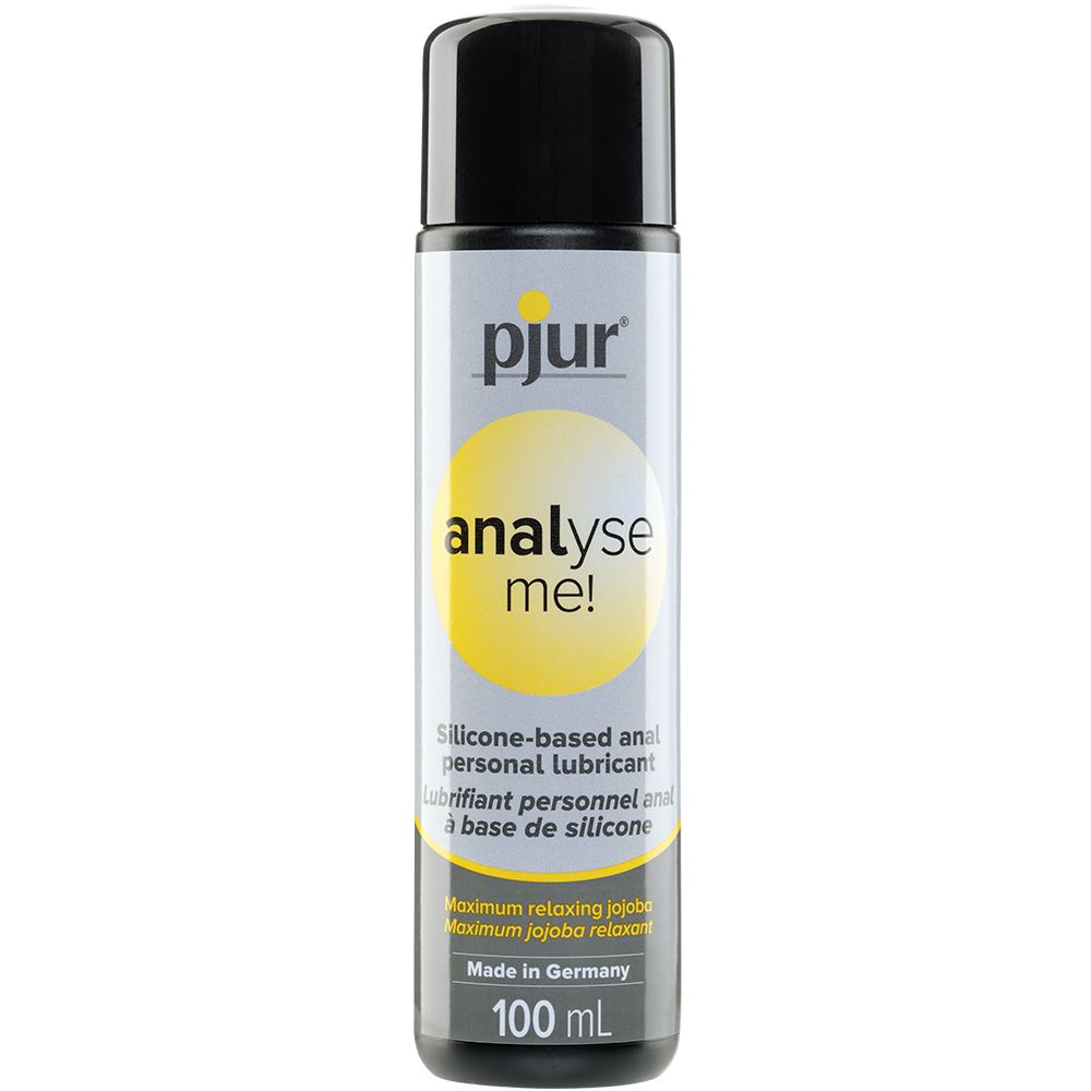 A 100 mL bottle of Pjur Analyze Me! Relaxing Anal Glide Silicone lube, in black and silver packaging, offers a German-made desensitizing formula with English and French text for enhanced comfort.
