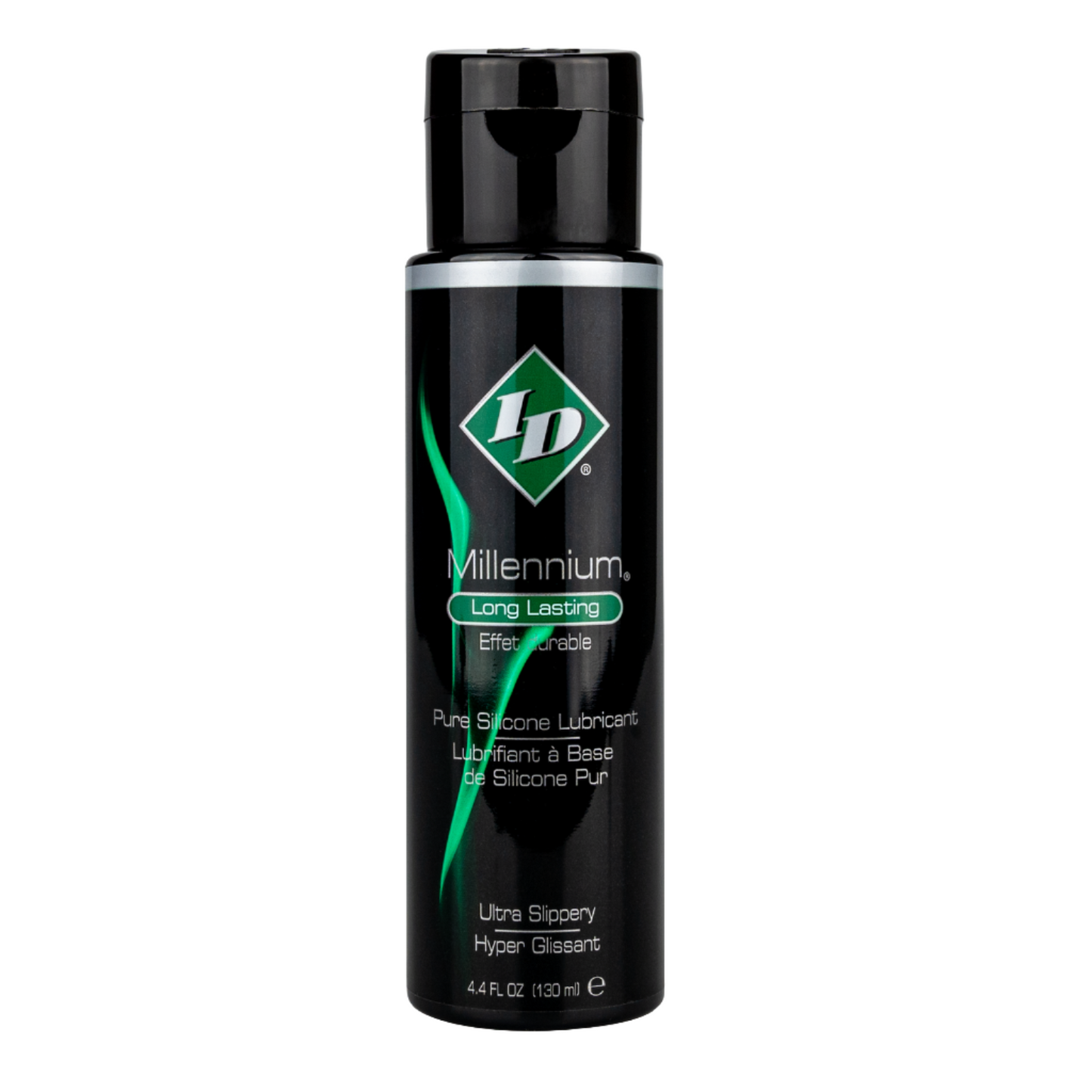 A sleek black and green bottle of ID Lubricants Millennium Silicone Lubricant, Long Lasting, offers a 4.4 fl oz (133 ml) capacity, claims Ultra Slippery glide, and is labeled Hyper Glissant for an ultra-long-lasting experience.