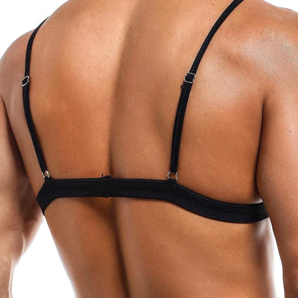 A person with short hair is seen from behind, wearing a Secret Male Fitted Lace Bra. Set against a white background, the focus is on the intimate apparel, accentuating the intricate details of mens lace lingerie by Secret Male.