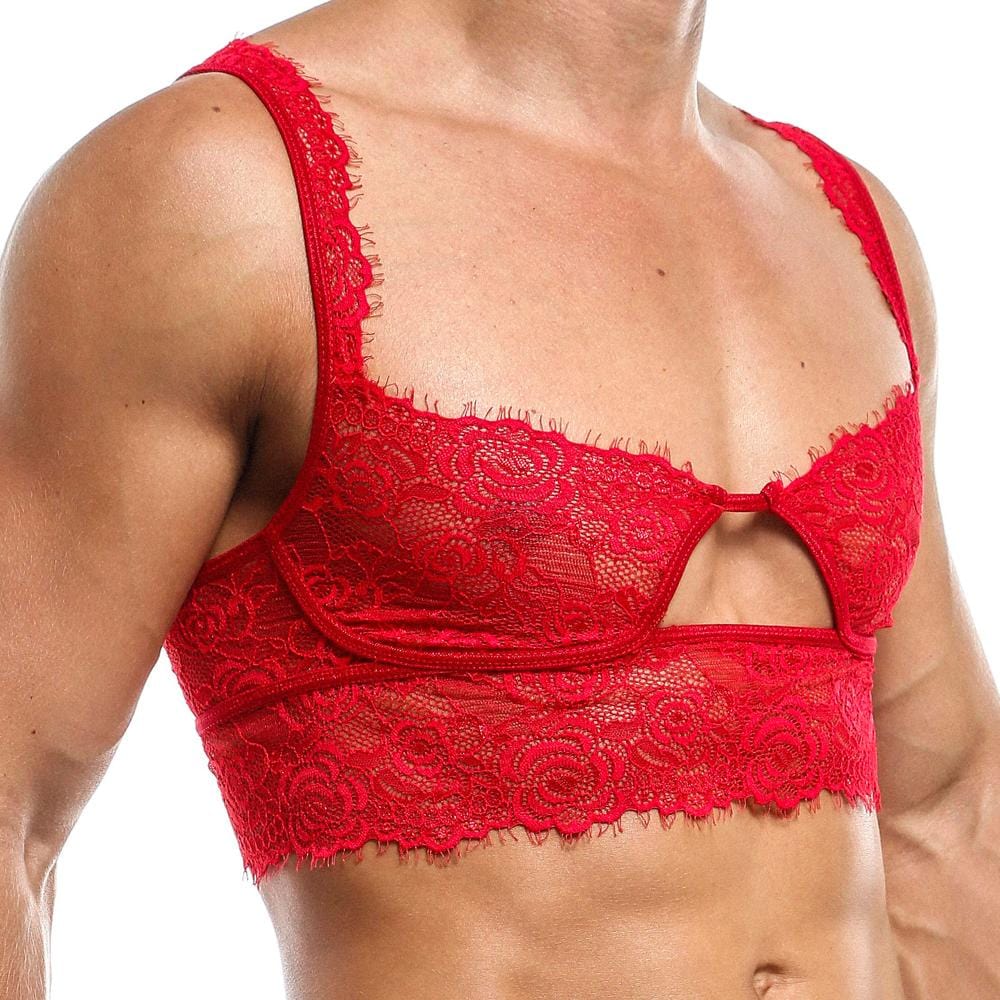 A person is shown wearing the Secret Male Low Cut Bra, a seductive mens lace bralette by Secret Male. The garment is adorned with intricate floral patterns, features a front keyhole cutout, and the image highlights its intimate details.